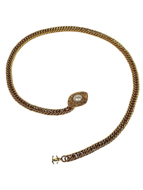 Chanel CC Logo Chain Belt Diamond Faux Pearl Gold main image 5